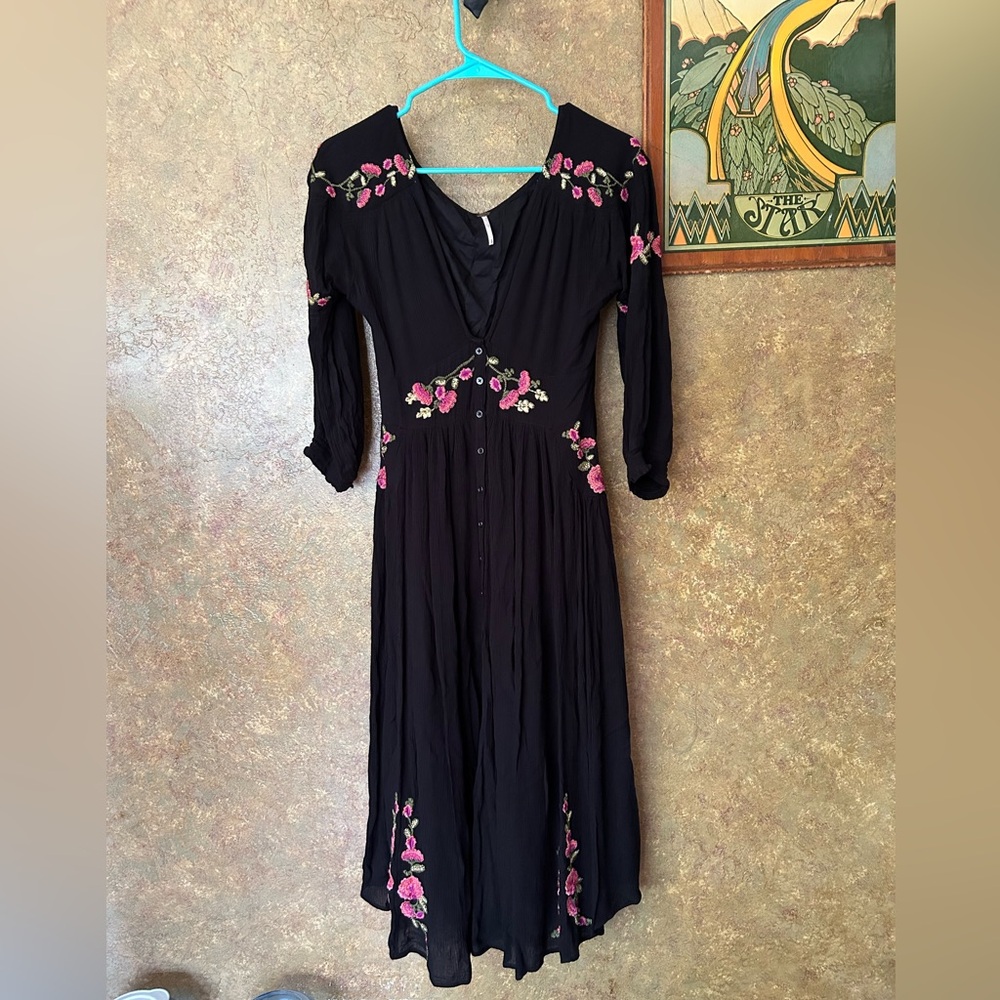 Free People Black Dress with Pink Floral Details